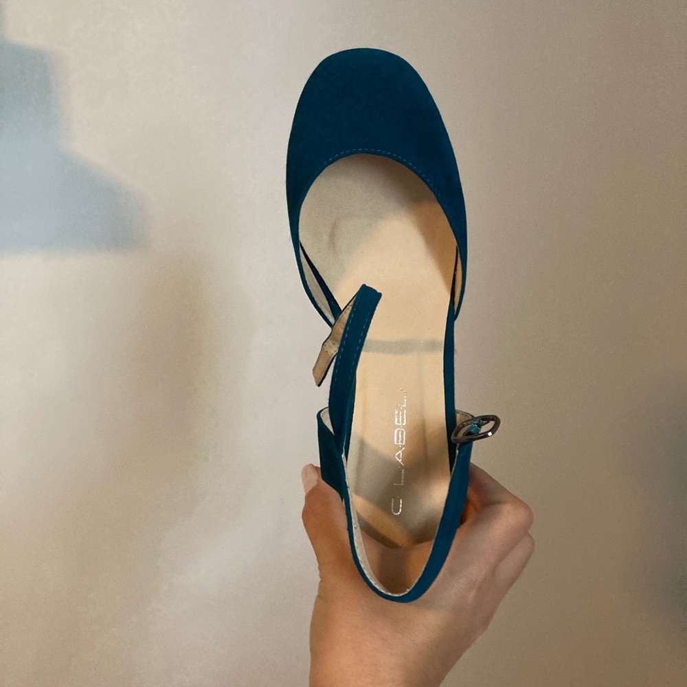 blue suede weave wedges